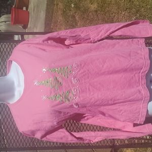 Large long sleeve pink tee, Christmas tree scene